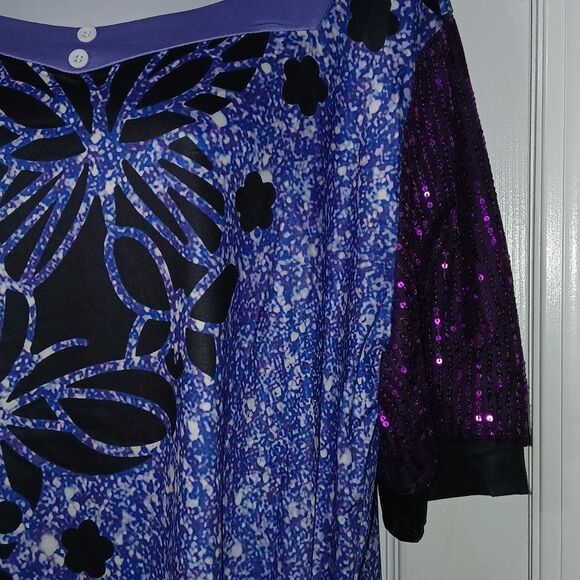 Butterflies purple black blue print shirt with sequin sleeves Sz 2X NWOT - Picture 4 of 9